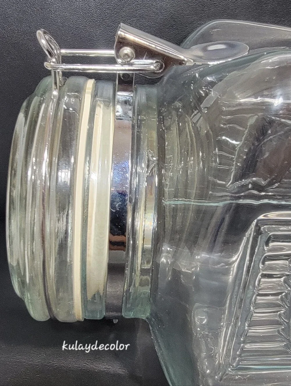 Vintage Large Glass Canister Embossed Leaf Hermetic Jar Hinged Bail Lid 8.75